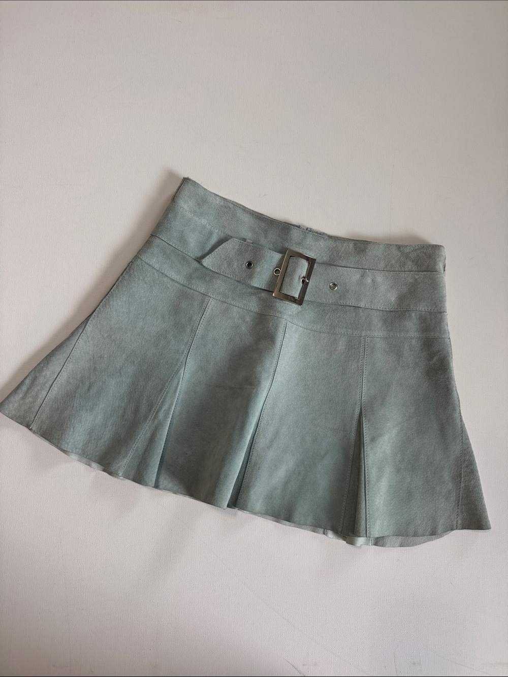 bebe Suede Leather Pleated Mini Skirt with Buckle in Sage Green